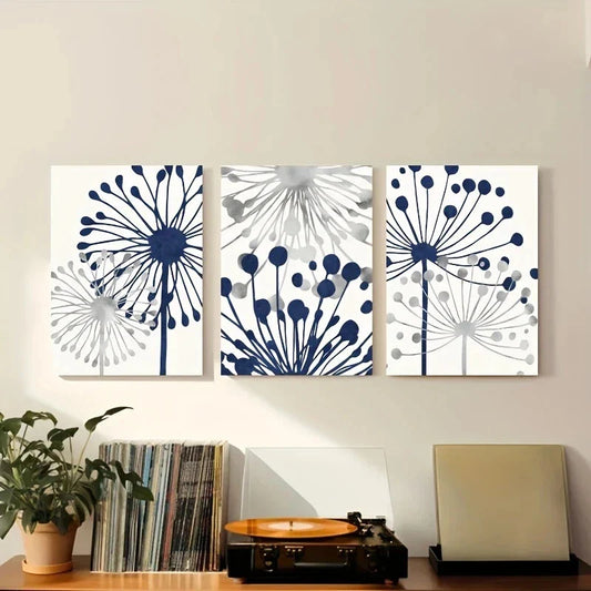 3pcs Navy Blue Gray Abstract Flowers Metal Print Ready to Hang Art