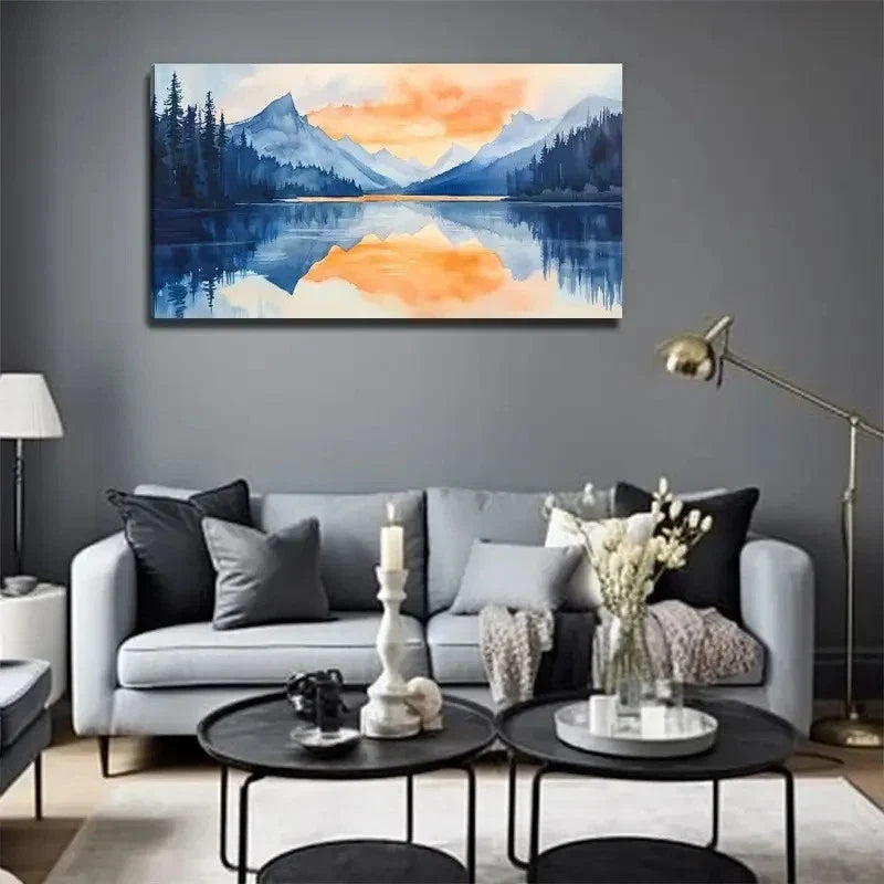 Lake Scenery Painting Style Wall Art Canvas Office Home Room Framed 80x45cm