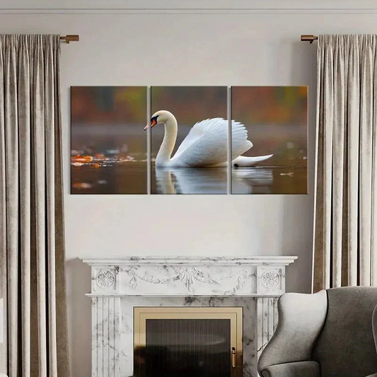 3pcs Elegant White Swan Serene Water Reflection Metal Print Ready to Hang Art