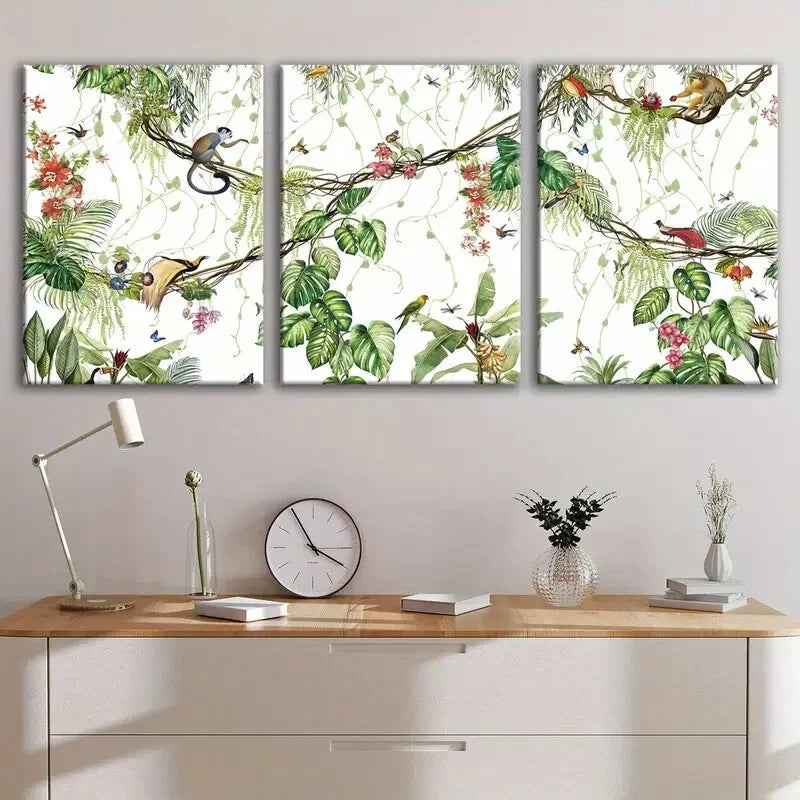 3pcs Tropical Forest Wildlife Monkey Green Leaf Wall Art Set Canvas Framed 40x60cm - High Quality Print 100% Australian Made Wall Canvas Ready to Hang