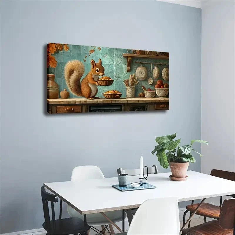 Whimsical Squirrel Apple Pie Wall Art Canvas Office Home Room Framed 120x60cm