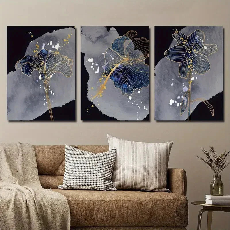 3pcs Blue Golden and Grey Botanical Flower Wall Art Set Canvas Framed 40x60cm - High Quality Print 100% Australian Made Wall Canvas Ready to Hang