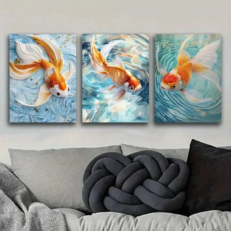 3pcs Set Golden Koi Fish Colorful Orange Perfect Wall Wall Art Set Canvas Framed 40x60cm - High Quality Print 100% Australian Made Wall Canvas Ready to Hang