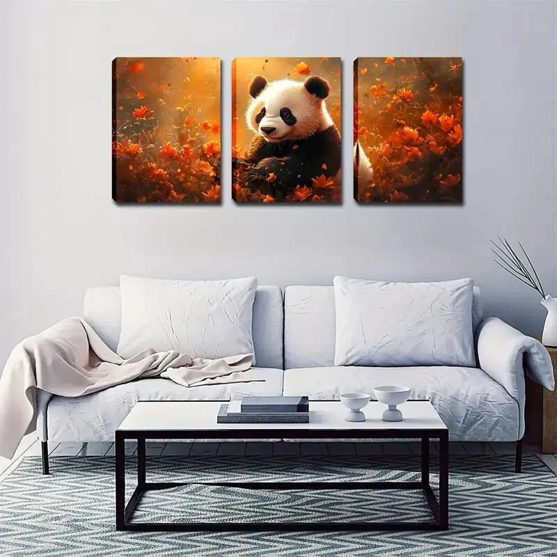 3pcs Vibrant Autumn Landscape, Panda & Floral  Wall Art Set Canvas Framed 40x60cm - High Quality Print 100% Australian Made Wall Canvas Ready to Hang