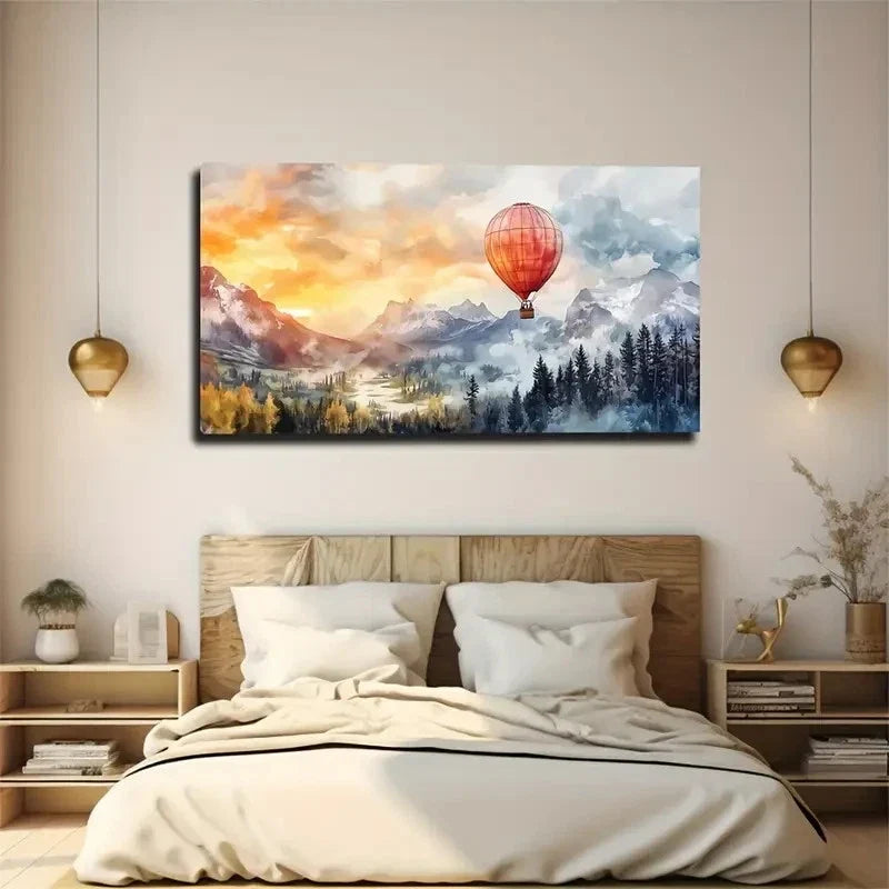 Vibrant Red Hot Air Balloon Wall Art Canvas Office Home Room Framed 120x60cm