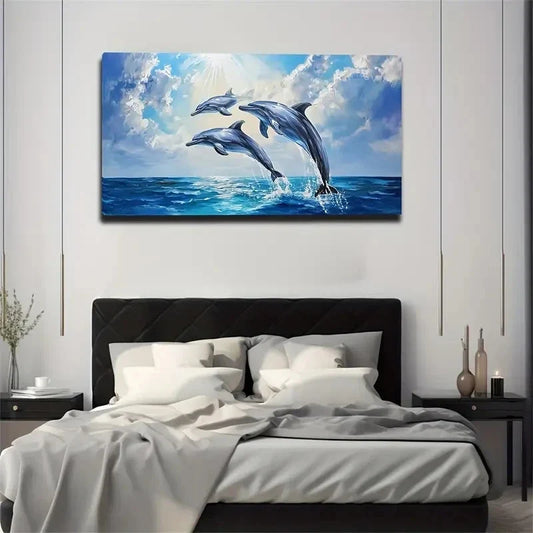 Dolphin In The Sun Wall Art Canvas Office Home Room Framed 120x60cm