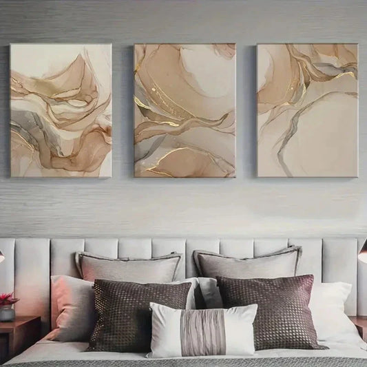 3pcs Beige and Golden Abstract Metal Print Ready to Hang Art