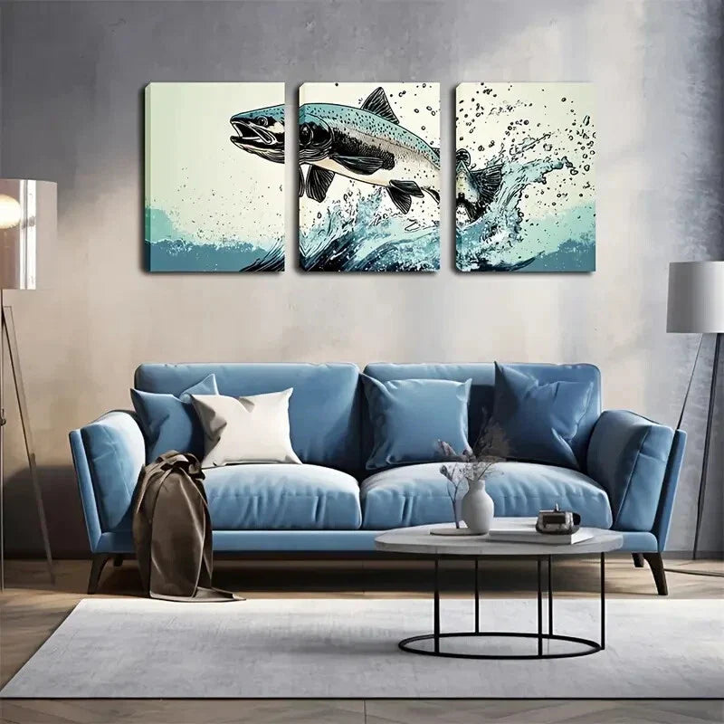 3pcs Vibrant Leaping Fish Wall Art Set Canvas Framed 40x60cm - High Quality Print 100% Australian Made Wall Canvas Ready to Hang