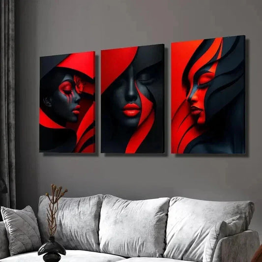 3pcs Geometric Black and Red Abstract Women Wall Art Set Canvas Framed 40x60cm - High Quality Print 100% Australian Made Wall Canvas Ready to Hang