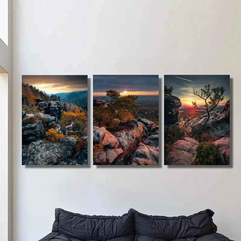 3pcs Sunset in Saxon Switzerland Mountains Wall Art Set Canvas Framed 40x60cm - High Quality Print 100% Australian Made Wall Canvas Ready to Hang
