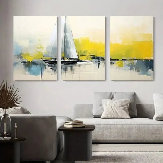 3pcs Sailing Boat Abstract Yellow and Blue Hues Metal Print Ready to Hang Art