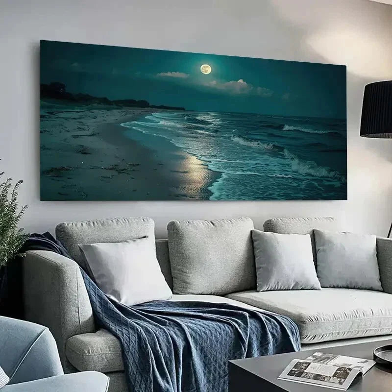 Moonlit Beach Night Seascape Wall Art Canvas Office Home Room Framed 80x45cm