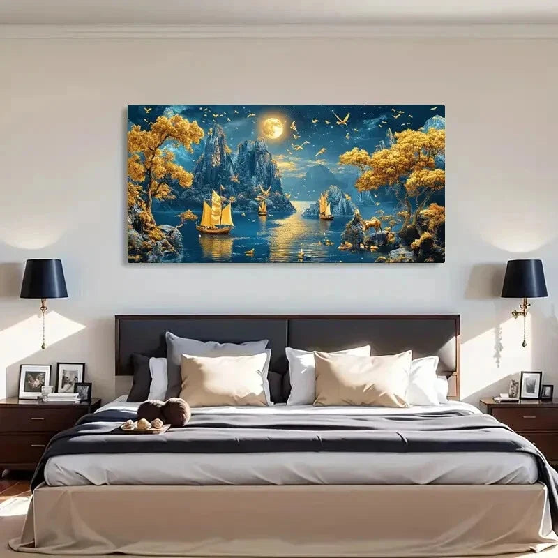 Vibrant Night Moonlit Mountains Wall Art Canvas Office Home Room Framed 120x60cm