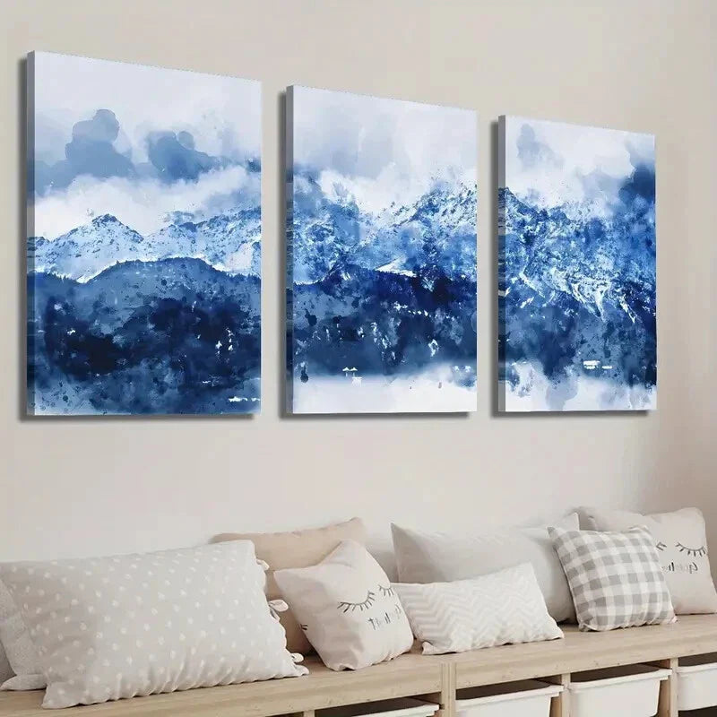3pcs Abstract Blue White Navy Blue Mountains Wall Art Set Canvas Framed 40x60cm - High Quality Print 100% Australian Made Wall Canvas Ready to Hang