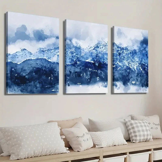 3pcs Abstract Blue White Navy Blue Mountains Wall Art Set Canvas Framed 40x60cm - High Quality Print 100% Australian Made Wall Canvas Ready to Hang