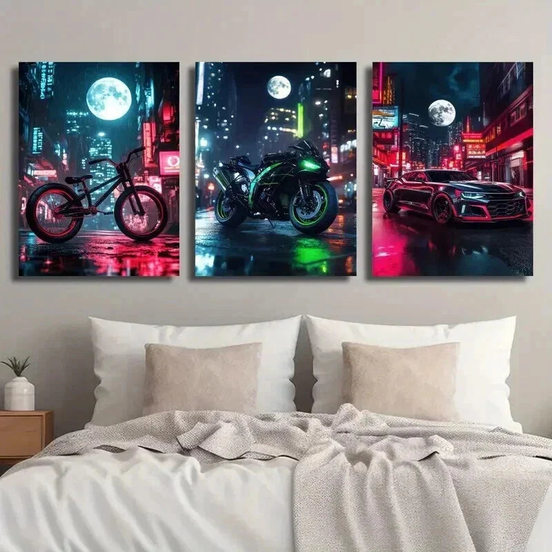 3pcs Black & Green Motorcycle and Sports Wall Art Set Canvas Framed 40x60cm - High Quality Print 100% Australian Made Wall Canvas Ready to Hang