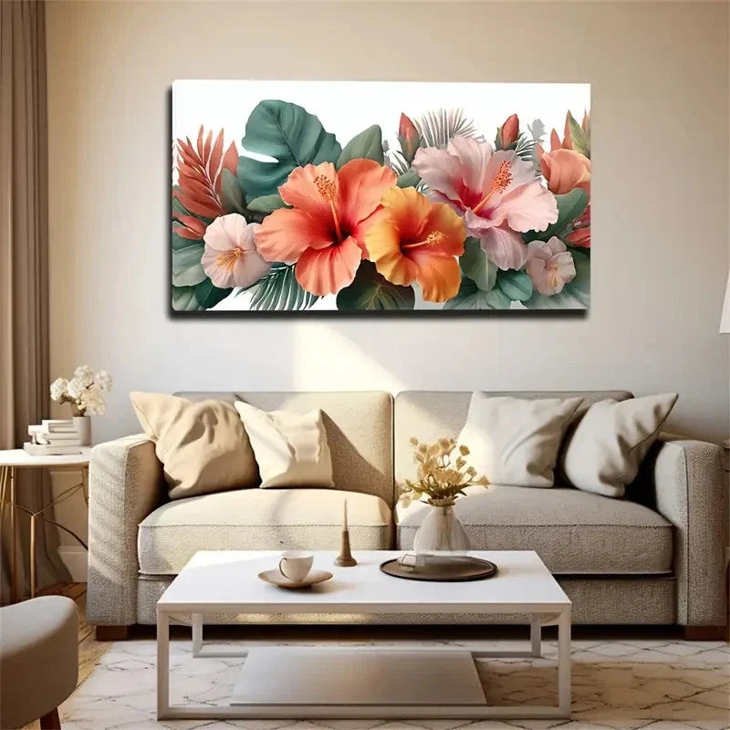 Pink Orange Flowers Leaves Wall Art Canvas Office Home Room Framed 80x45cm