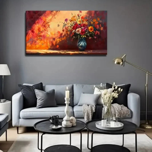 Vibrant Floral Modern Bohemian Wall Art Canvas Office Home Room Framed 80x45cm