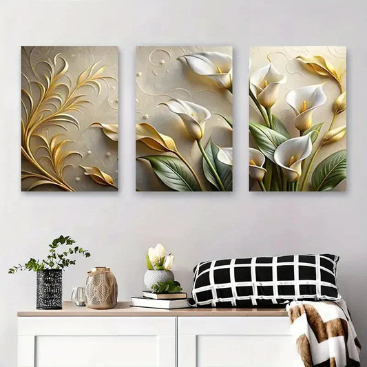 3pcs Lily Floral Design Elegant Golden Metal Print Ready to Hang Art