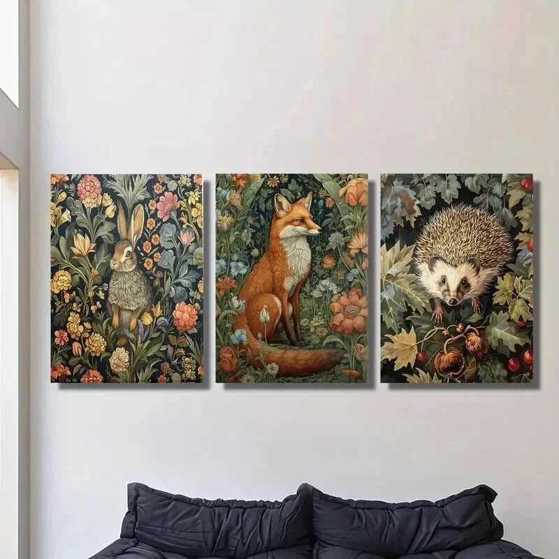 3pcs Bunny Fox Hedgehog with Flowers Wall Art Set Canvas Framed 40x60cm - High Quality Print 100% Australian Made Wall Canvas Ready to Hang