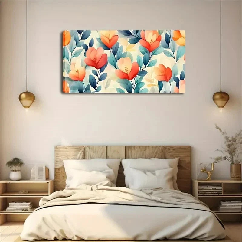 Orange-Red & Pale Pink Floral Wall Art Canvas Office Home Room Framed 120x60cm