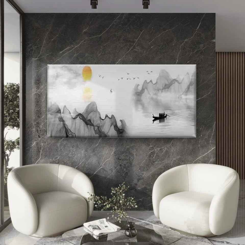 Black and White Mountain Lake Wall Art Canvas Office Home Room Framed 120x60cm