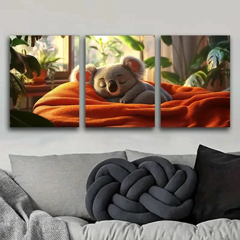 3pcs Cute Koala Adorable Nature Leaf Perfect Wall Art Set Canvas Framed 40x60cm - High Quality Print 100% Australian Made Wall Canvas Ready to Hang