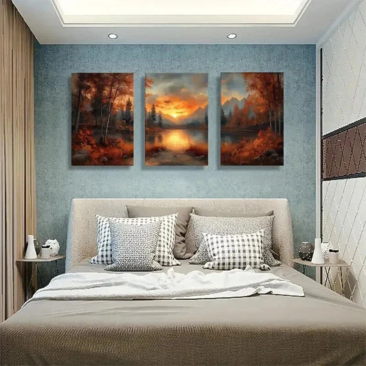 3pcs Sunset Lake Autumn Forest Landscape Wall Art Set Canvas Framed 40x60cm - High Quality Print 100% Australian Made Wall Canvas Ready to Hang