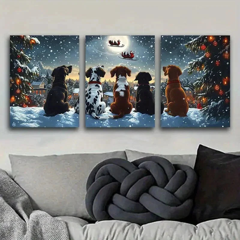 3pcs Festive Dogs Watching Santa Claus, Metal Print Ready to Hang Art