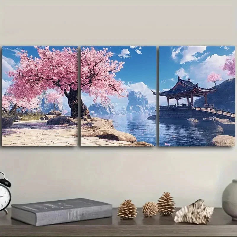 3pcs Cherry Blossom River Colorful Nature Wall Art Set Canvas Framed 40x60cm - High Quality Print 100% Australian Made Wall Canvas Ready to Hang