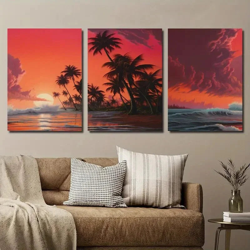 3pcs Tranquil Beach Sunset Tropical Plants Wall Art Set Canvas Framed 40x60cm - High Quality Print 100% Australian Made Wall Canvas Ready to Hang