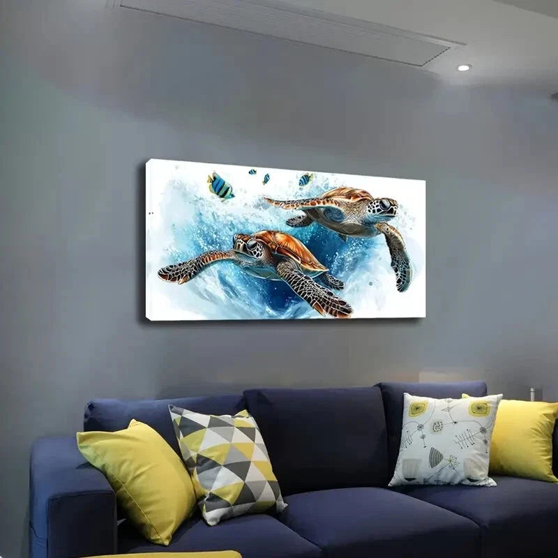 Sea Turtles Swimming Blue White Wall Art Canvas Office Home Room Framed 120x60cm