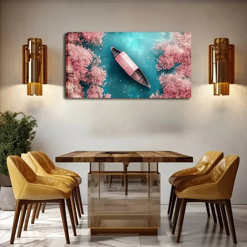 Serene Pink Blossom Trees Boat Wall Art Canvas Office Home Room Framed 120x60cm