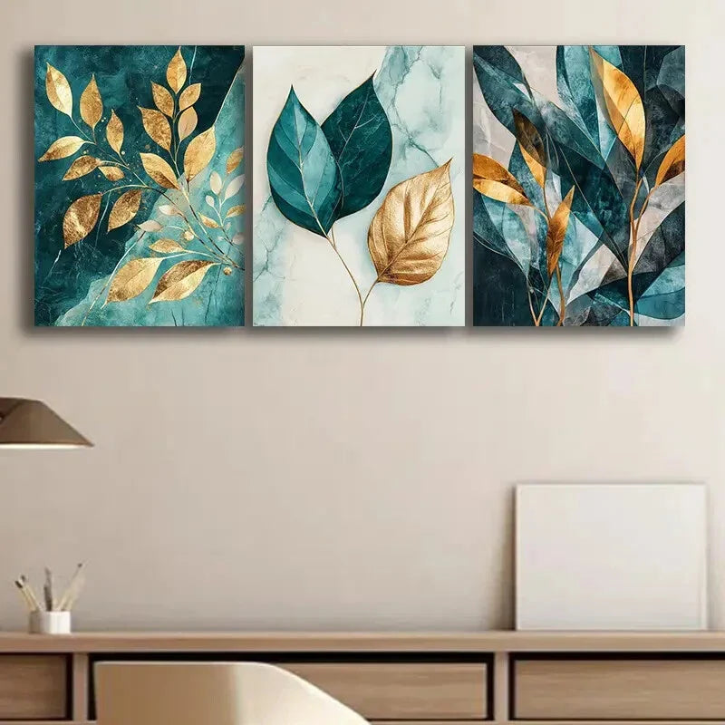 3pcs Teal and Gold Leaf Nature Beauty Perfect Wall Art Set Canvas Framed 40x60cm - High Quality Print 100% Australian Made Wall Canvas Ready to Hang