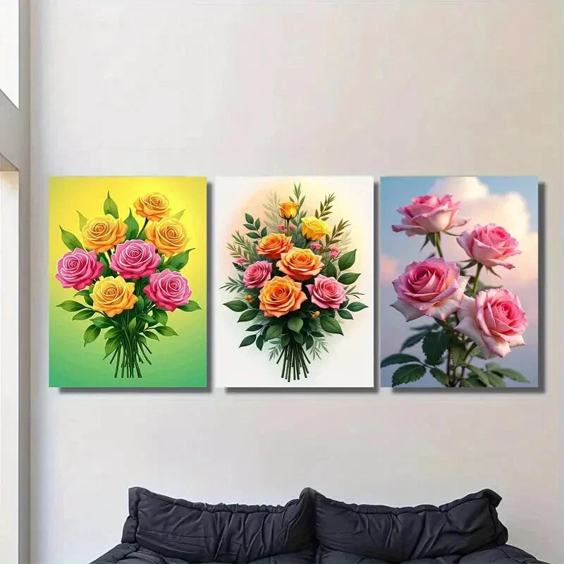 3pcs Elegant Rose & Lily Flower Metal Print Ready to Hang Art