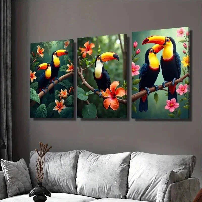 3pcs Colorful Bird and Floral Vibrant Tropical Wall Art Set Canvas Framed 40x60cm - High Quality Print 100% Australian Made Wall Canvas Ready to Hang