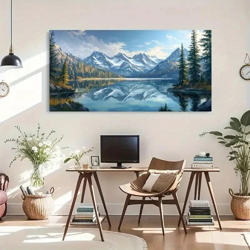 Snowy Mountain Lake Nature Wall Art Canvas Office Home Room Framed 120x60cm
