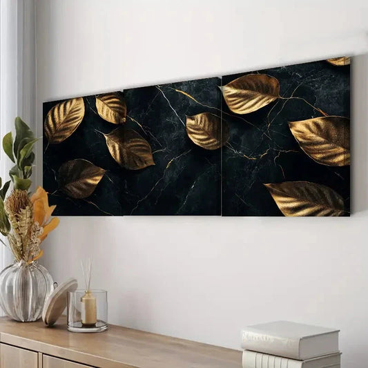 3pcs Black and Gold Plants Nature Leaf Perfect Wall Art Set Canvas Framed 40x60cm - High Quality Print 100% Australian Made Wall Canvas Ready to Hang