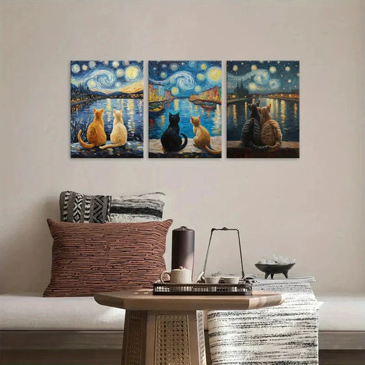 3pcs Modern Fantasy Two Cats Starry Night Moon Metal Print Ready to Hang Art