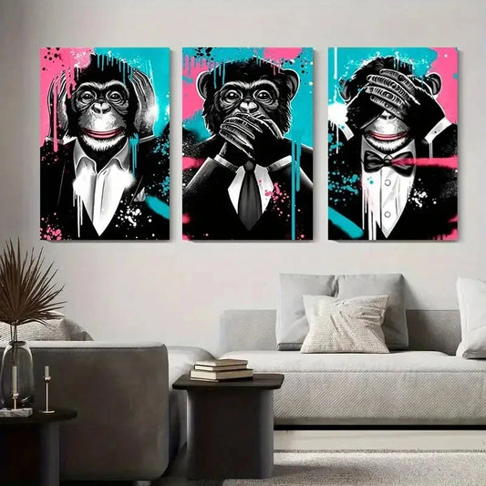 3pcs Tuxedo Chimps with Graffiti Splashes Metal Print Ready to Hang Art