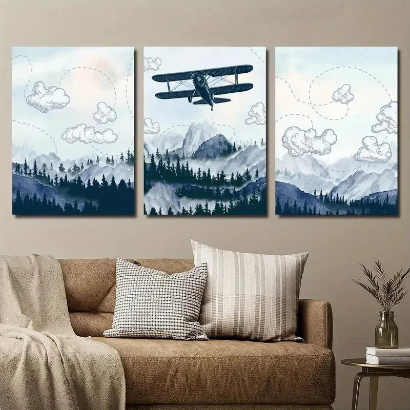3pcs Airplane Flying Over Mountain and Forest Wall Art Set Canvas Framed 40x60cm - High Quality Print 100% Australian Made Wall Canvas Ready to Hang