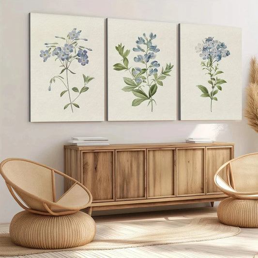 3pcs Vintage Botanical Blue Flowers Green Leaves Wall Art Set Canvas Framed 40x60cm - High Quality Print 100% Australian Made Wall Canvas Ready to Hang