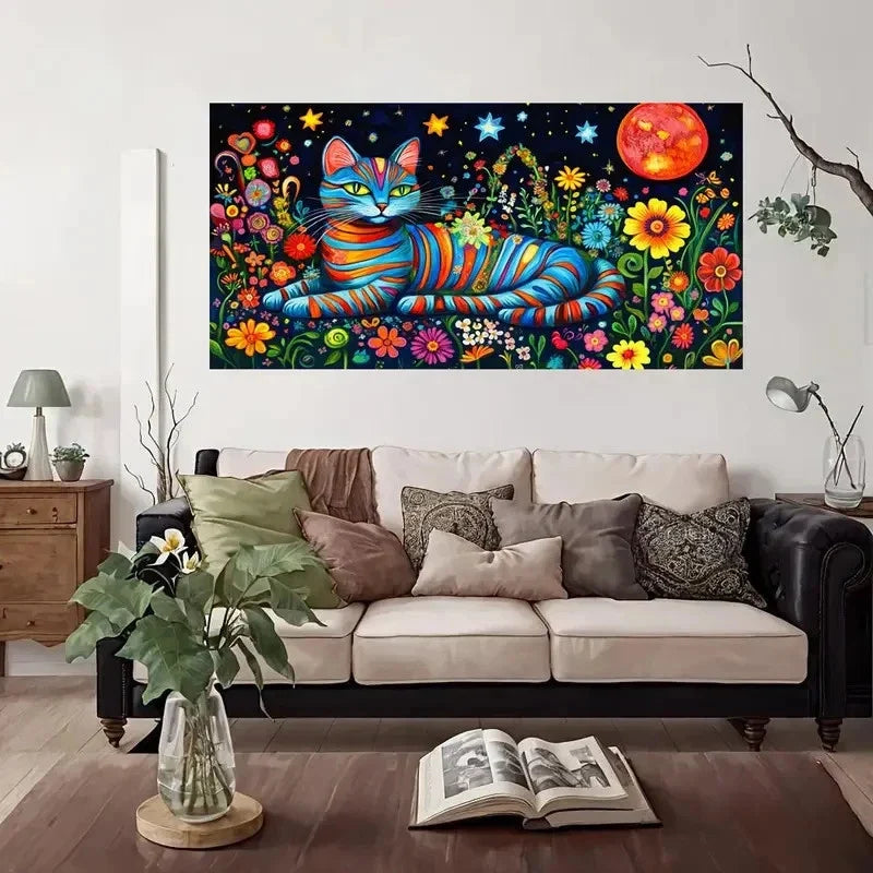 Blue Eyed Cat Floral Wall Art Canvas Office Home Room Framed 80x45cm