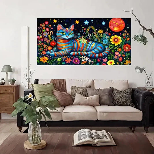 Blue Eyed Cat Floral Wall Art Canvas Office Home Room Framed 80x45cm