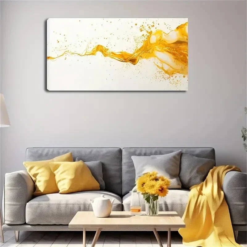 Vibrant Golden Liquid Splash Wall Art Canvas Office Home Room Framed 120x60cm