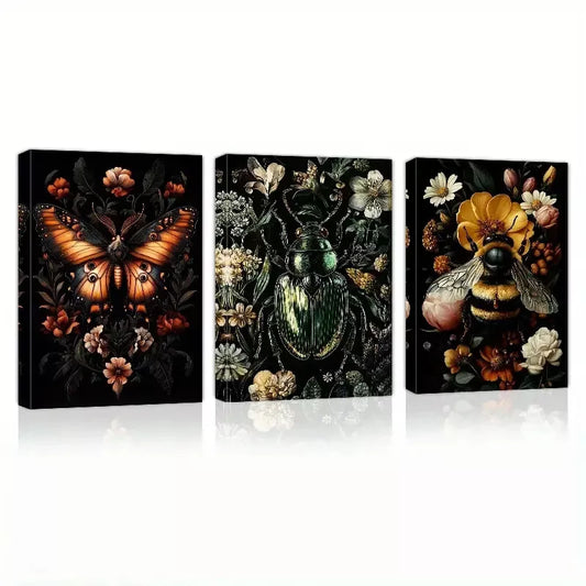3pcs Gothic Insects And Plants with Florals Wall Art Set Canvas Framed 40x60cm - High Quality Print 100% Australian Made Wall Canvas Ready to Hang