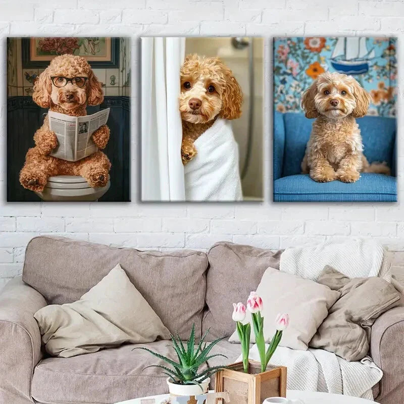 3pcs Cute Dog Toilet Blue & White Brawny Paper Wall Art Set Canvas Framed 40x60cm - High Quality Print 100% Australian Made Wall Canvas Ready to Hang