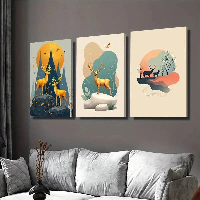 3pcs Modern Deer Forest Elegant Nature Golden Wall Art Set Canvas Framed 40x60cm - High Quality Print 100% Australian Made Wall Canvas Ready to Hang