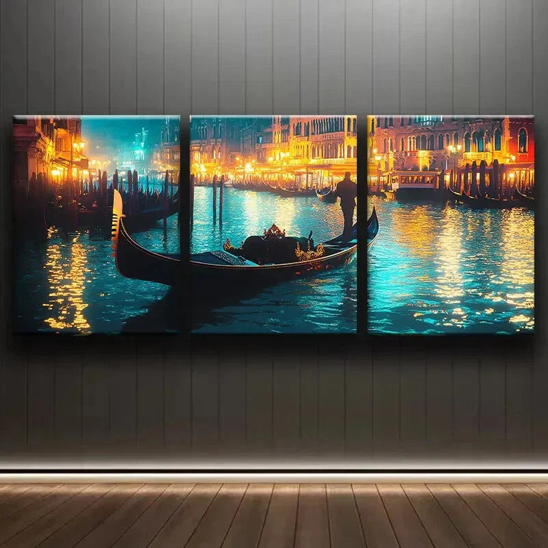 3pcs Venice's Grand Canal at Night Perfect Wall Art Set Canvas Framed 40x60cm - High Quality Print 100% Australian Made Wall Canvas Ready to Hang