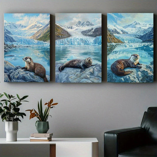 3pcs Technique For Otters and Icebergs Metal Print Ready to Hang Art